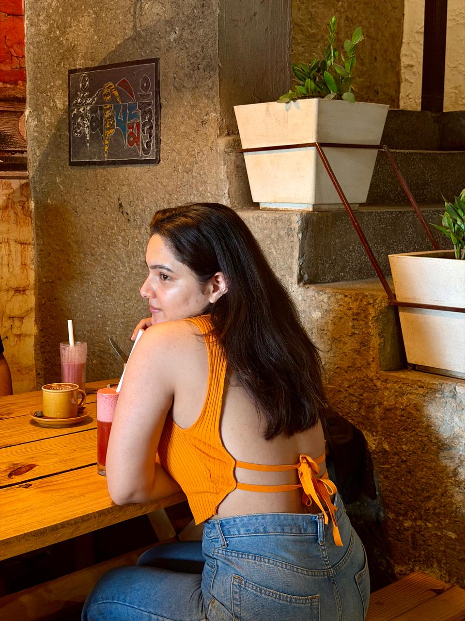 Orange Embroidered Lips Crop Top