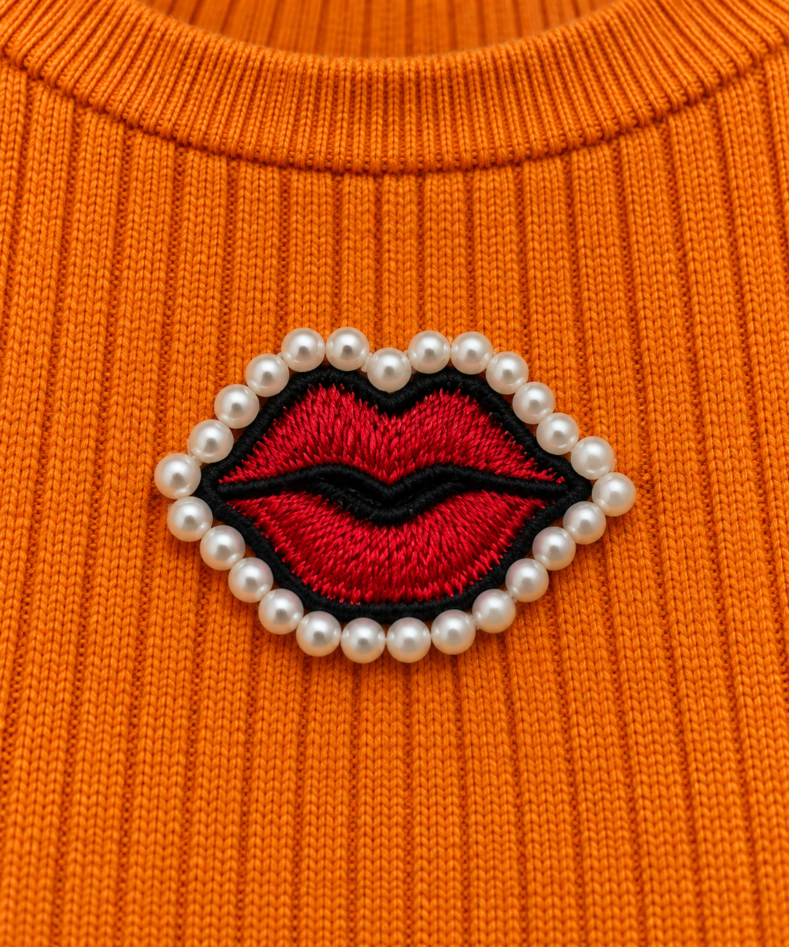 Orange Embroidered Lips Crop Top