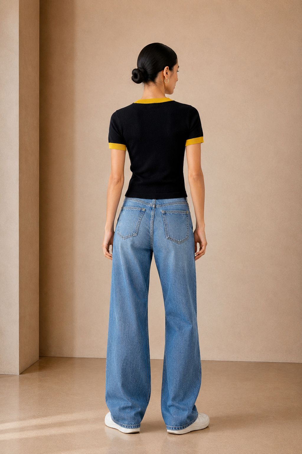 Daisy Chain Knit Tee back view showing marigold trim