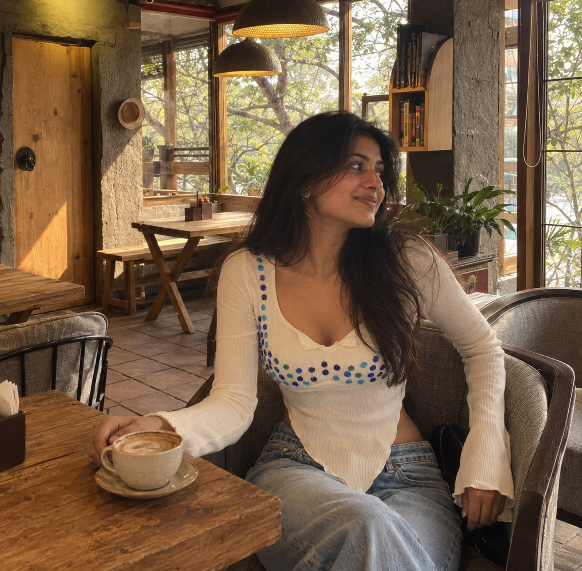 Blue Mirror Work Bell-Sleeve Top, styled look