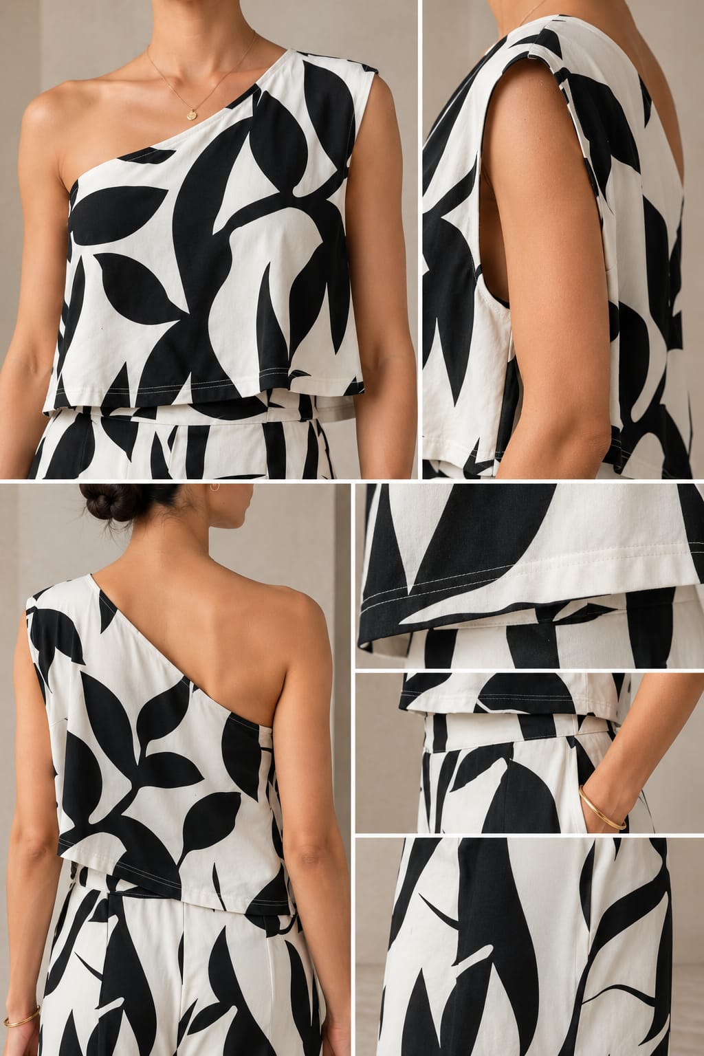 Ink Leaf One-Shoulder Co-ord, detail views of shoulder, hem and pocket