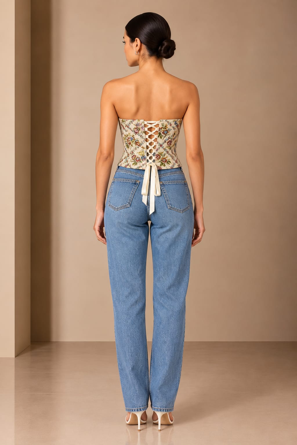 Tapestry Rose Corset Top, back view showing the ribbon lacing