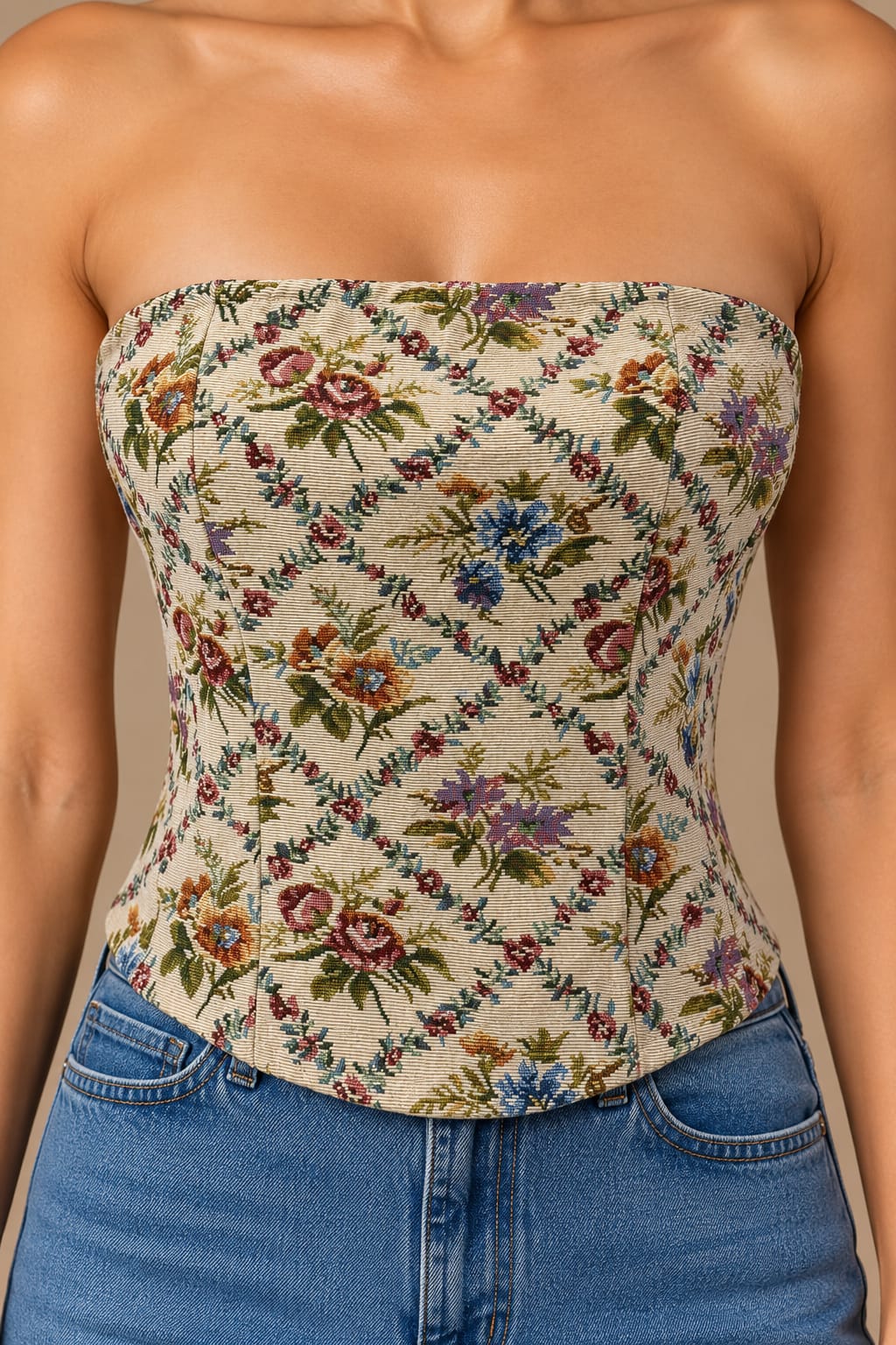 Tapestry Rose Corset Top, close view of the floral tapestry weave and boned seams