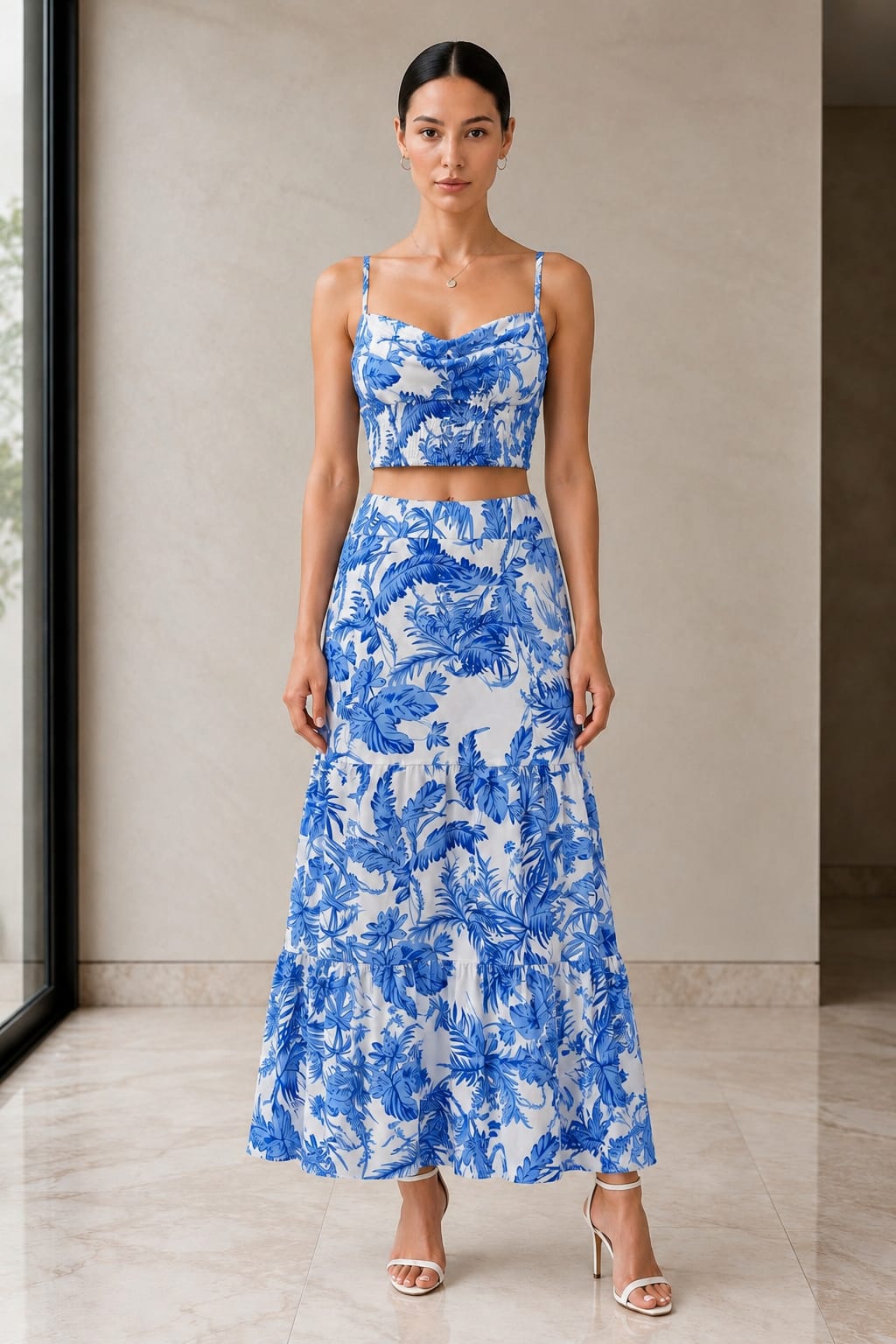 Blue Palm Cami and Tiered Maxi Set, front view