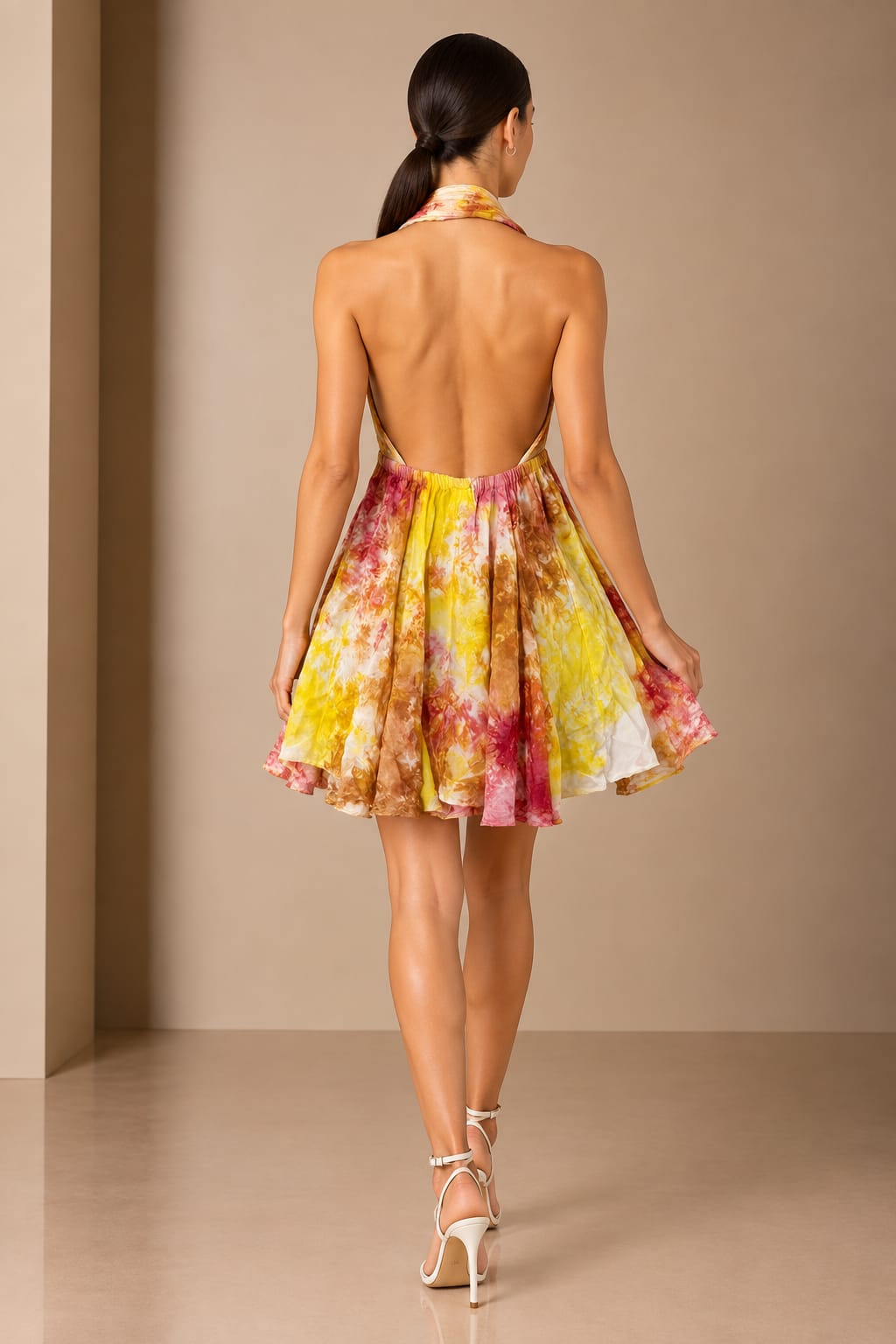 Marbled Sun Halter Mini Dress, open back view
