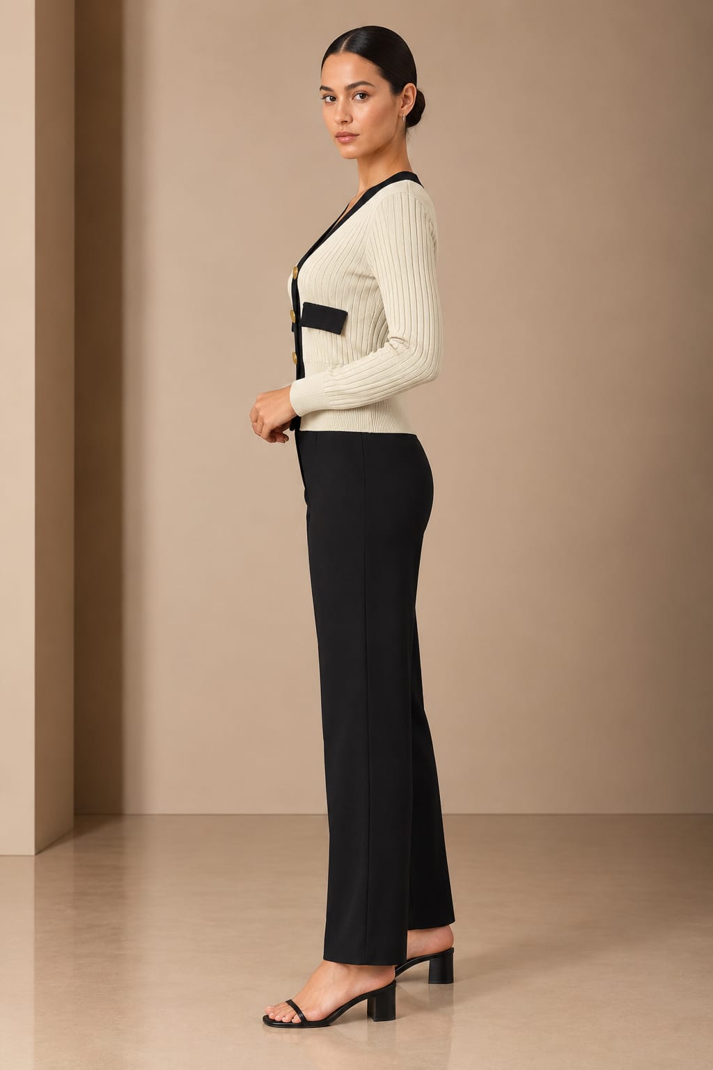 Gold Crest Contrast Cardigan, three-quarter view