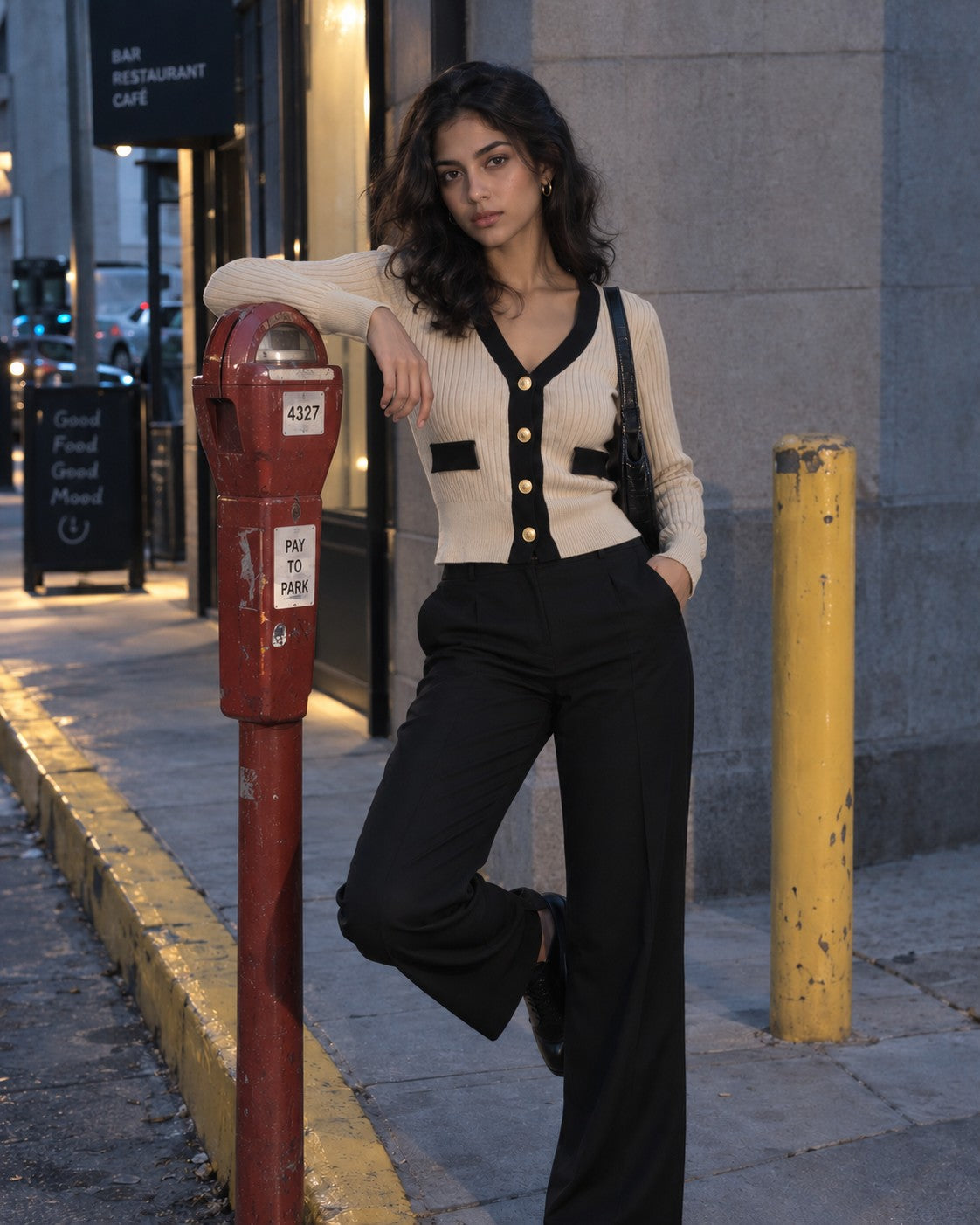 Gold Crest Contrast Cardigan, styled look