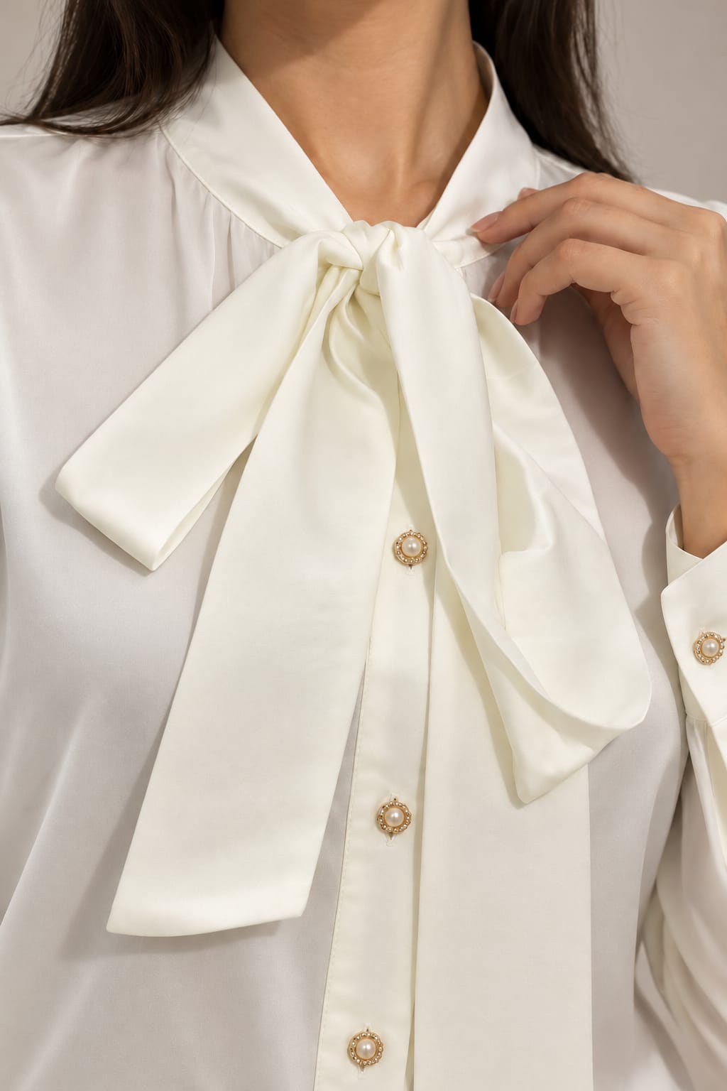 Close view of the sash tied in a full bow at the throat and pearl buttons set in beaded gold
