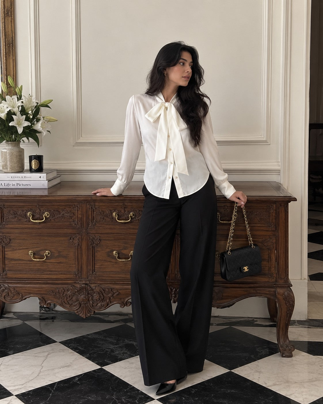 Ivory Satin Pussy-Bow Blouse, styled look