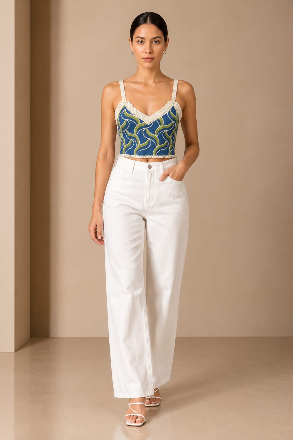 Embroidered denim crochet bustier worn with white wide-leg jeans, front view
