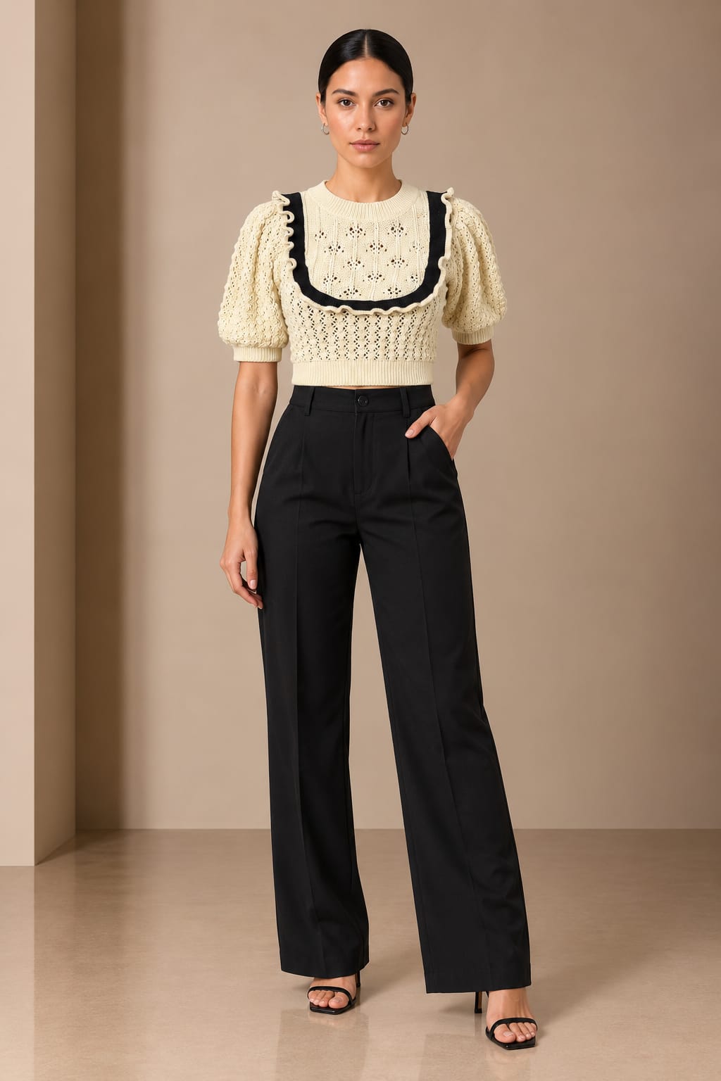 Cream knit top with scalloped black-edged bib, worn with black trousers, front view