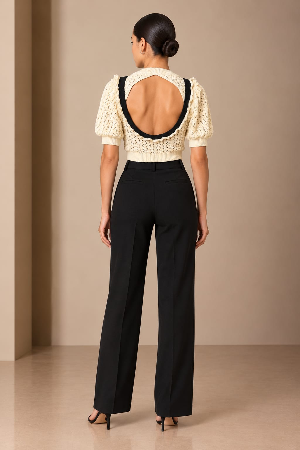 Back view showing the wide scooped cut-out edged in black and cream