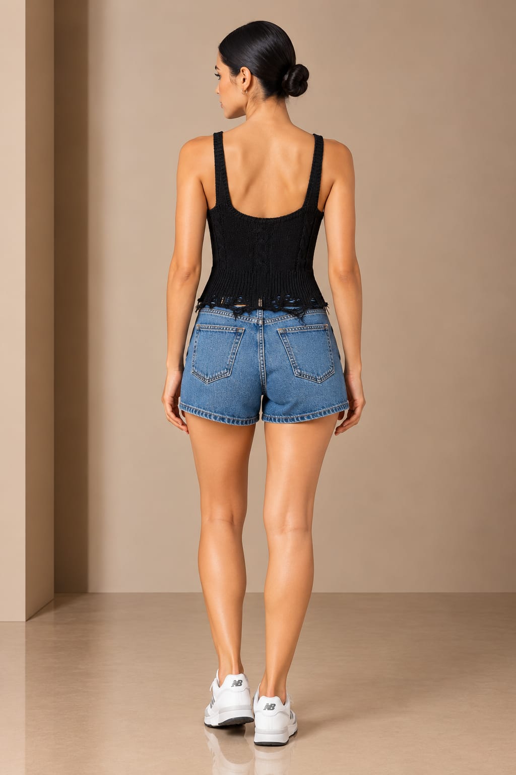 Back view showing the wide knit straps and open ladder hem