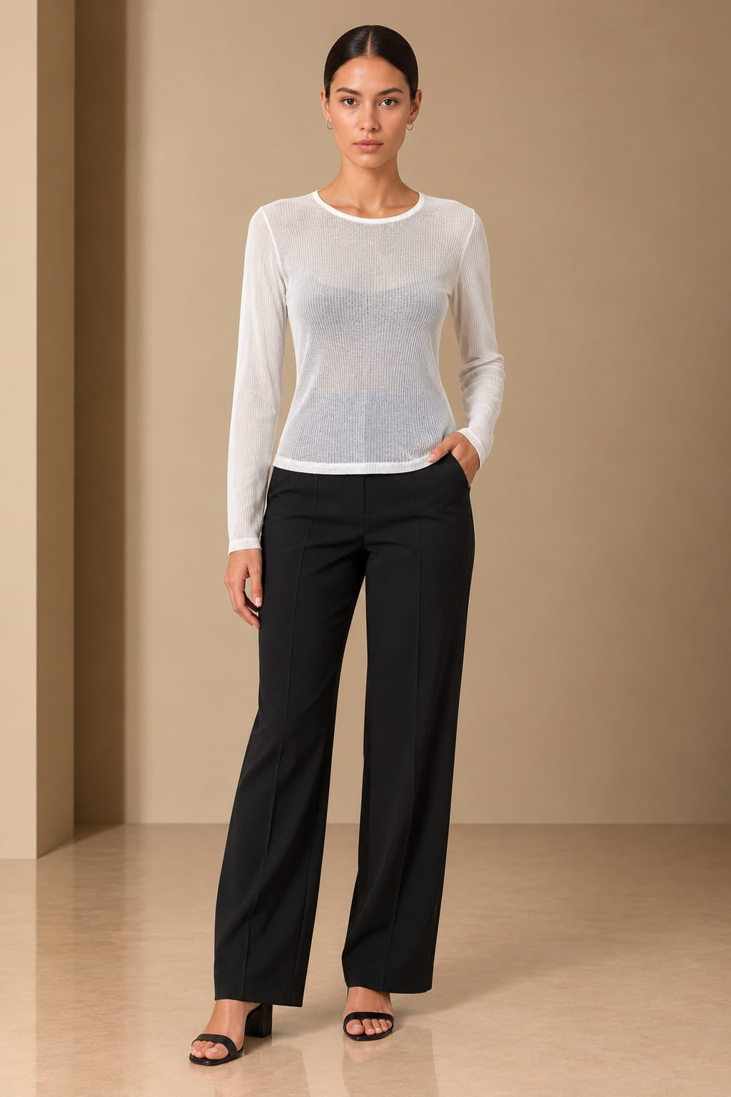 Sheer Rib Long-Sleeve Top, front
