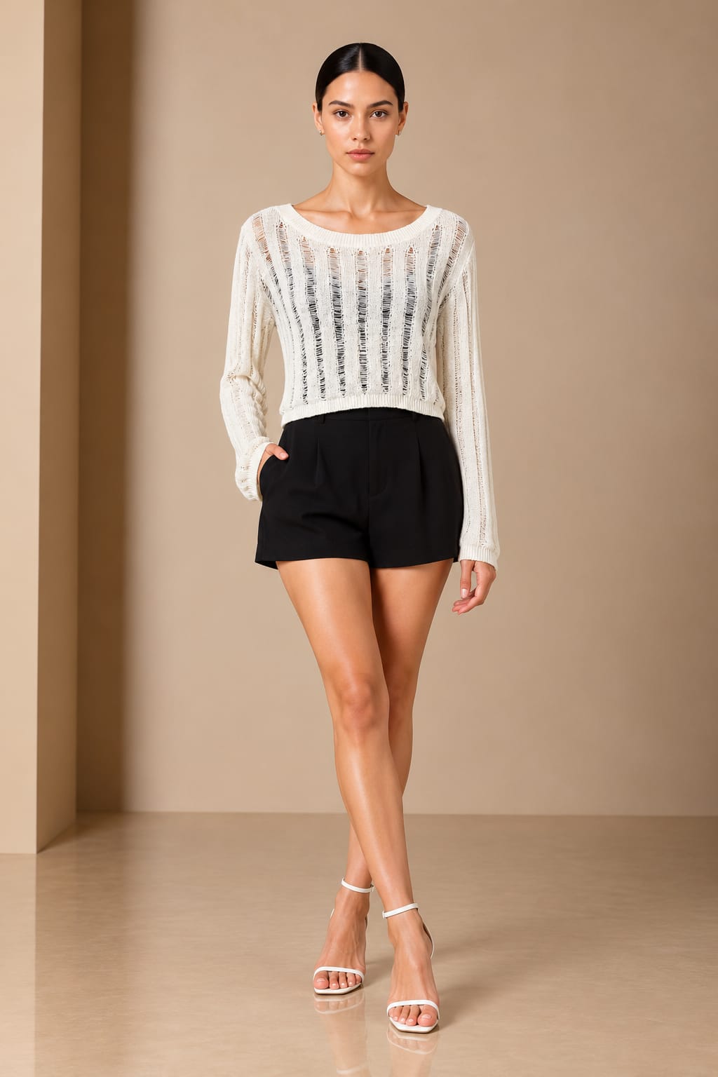 Ivory Ladder-Knit Cropped Jumper — front