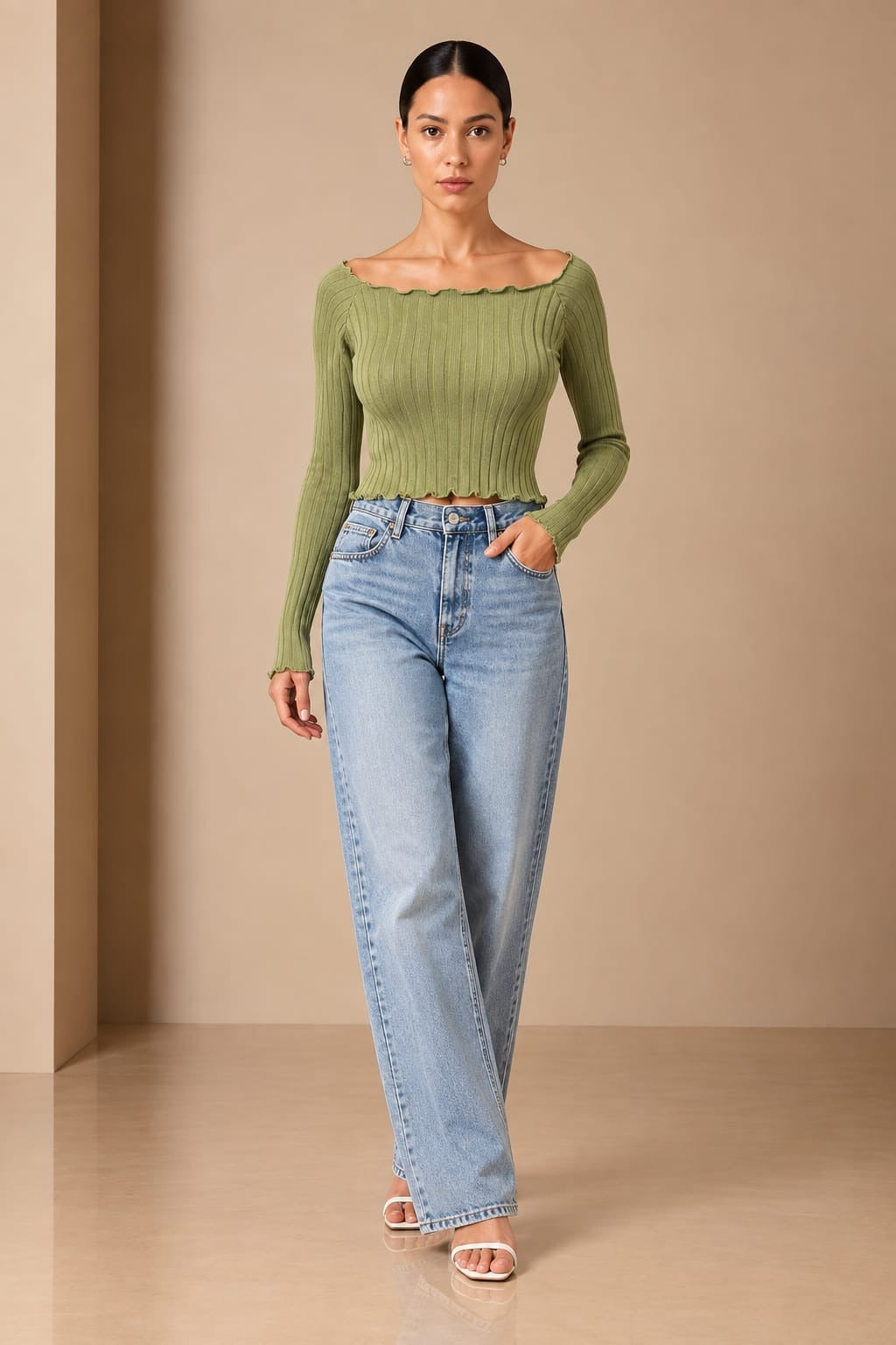 Olive Lettuce-Edge Off-Shoulder Rib Top — front