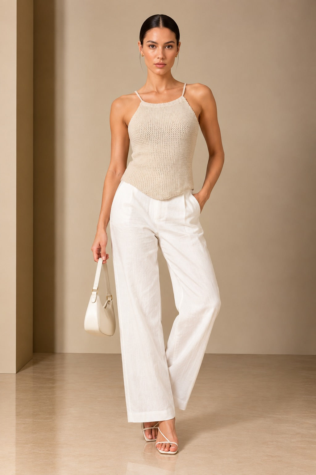 Cream Tie-Back Knit Halter Top — front