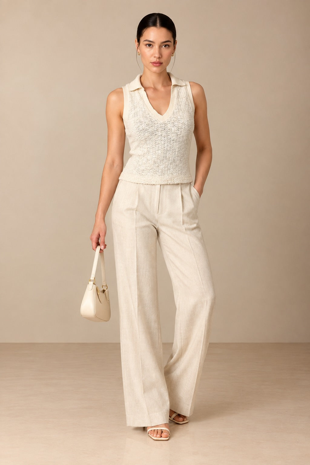 Cream Collared Knit Sleeveless Top — front