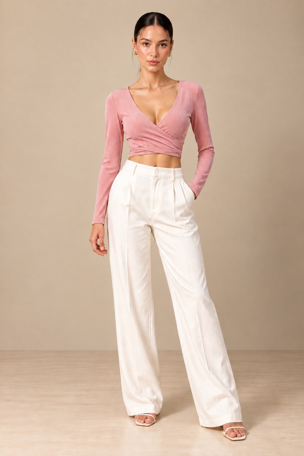 Pink Rib Wrap Crop Top — front