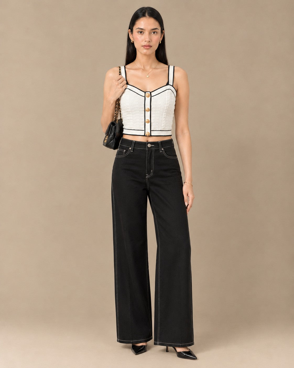 Ivory Piped Gold-Button Bustier Top, front view