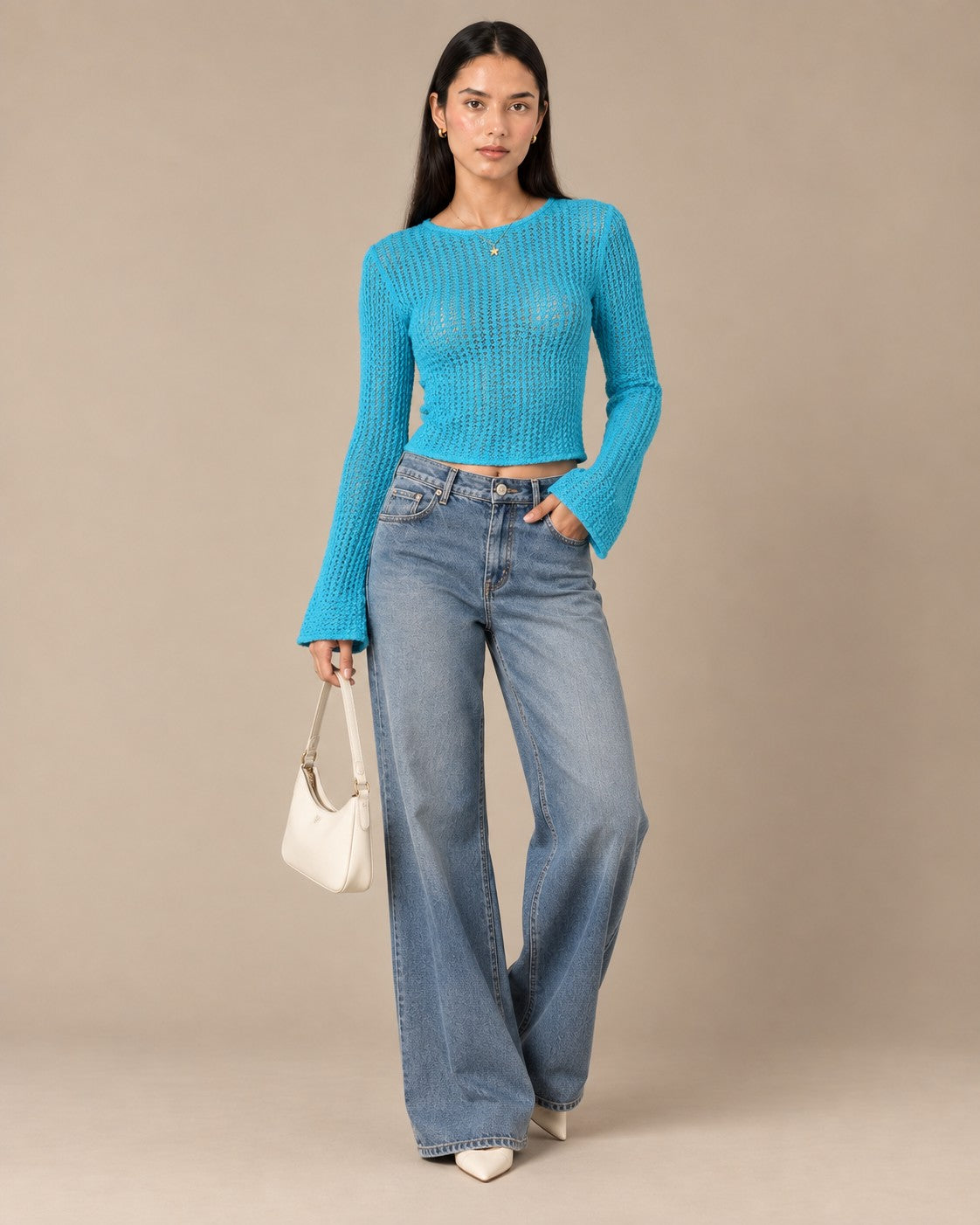 Sky Blue Open-Knit Flare-Sleeve Crop Top, front view