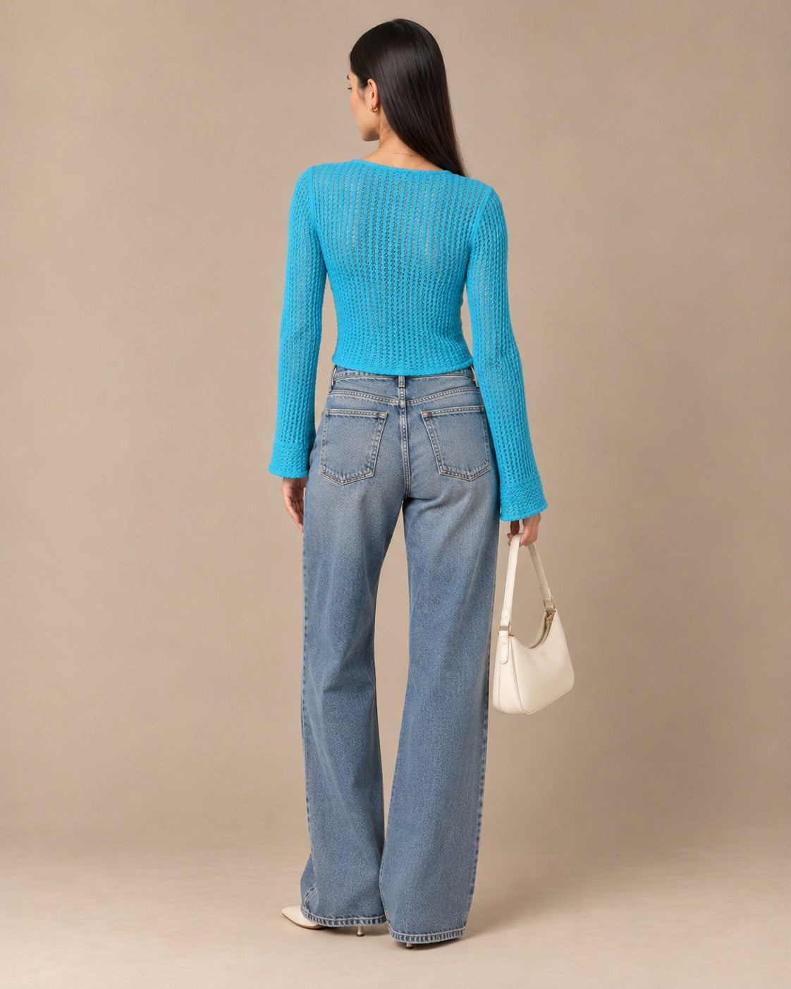 Sky Blue Open-Knit Flare-Sleeve Crop Top, back view