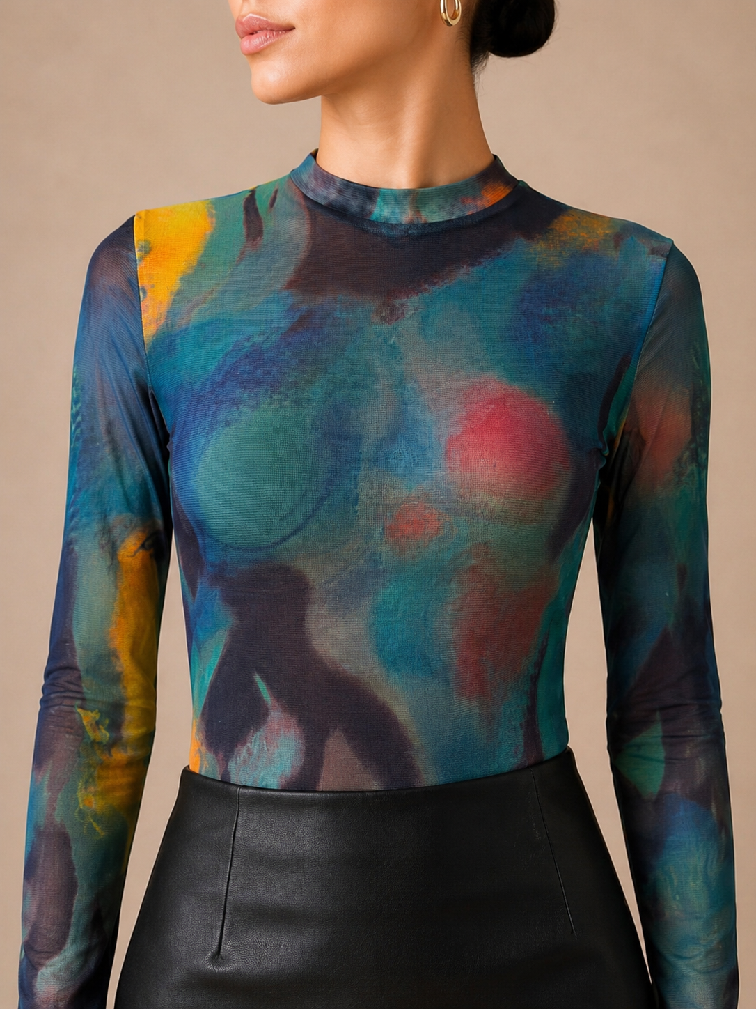 Detail of the watercolour print across the bodice and high neckline