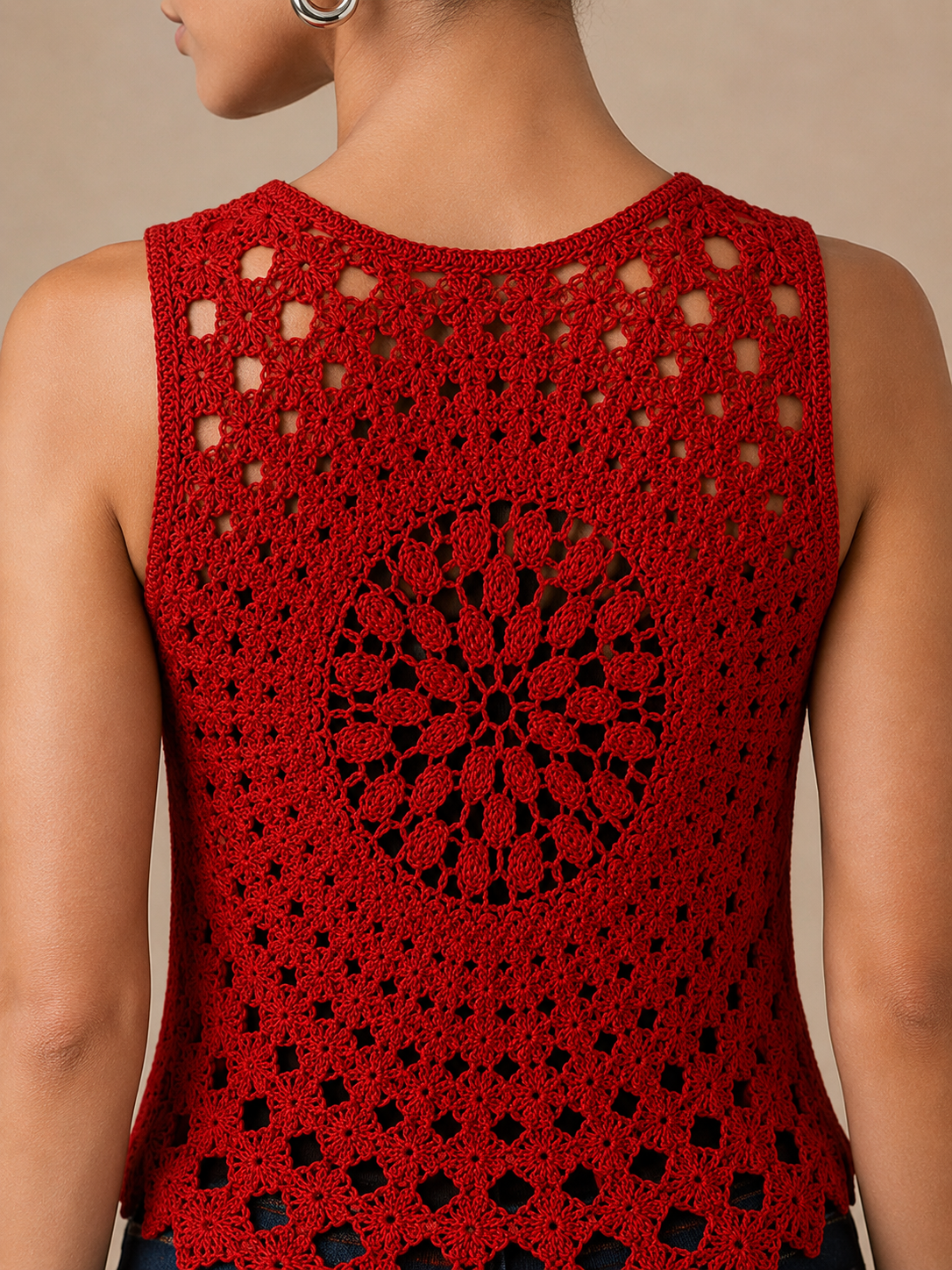 Close detail of the sunburst medallion worked into the back panel