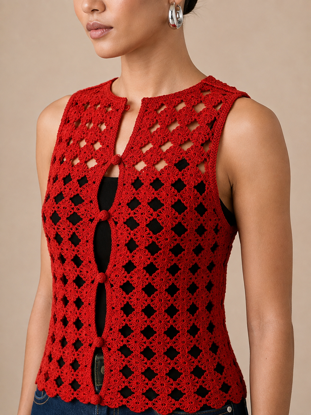 Detail of the covered ball buttons and open floral crochet at the front