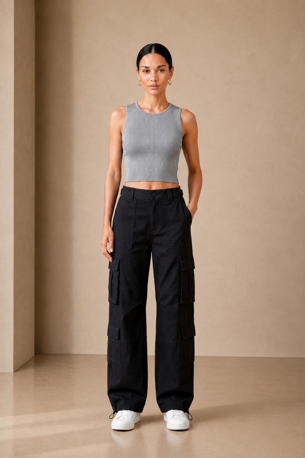 Silver Lurex Rib Tank front view with black cargo trousers