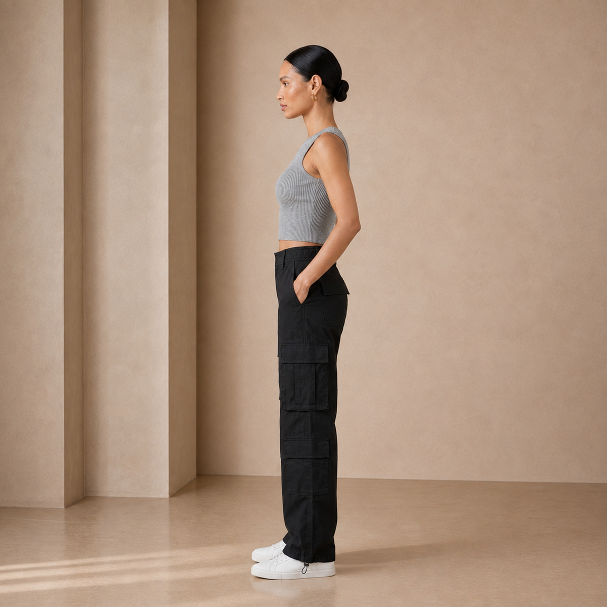 Silver Lurex Rib Tank side view showing cropped length