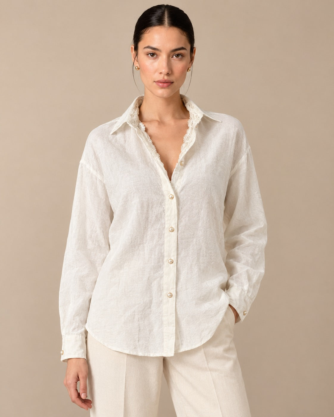 Pearl Button Poplin Shirt, front view with lace-trimmed collar