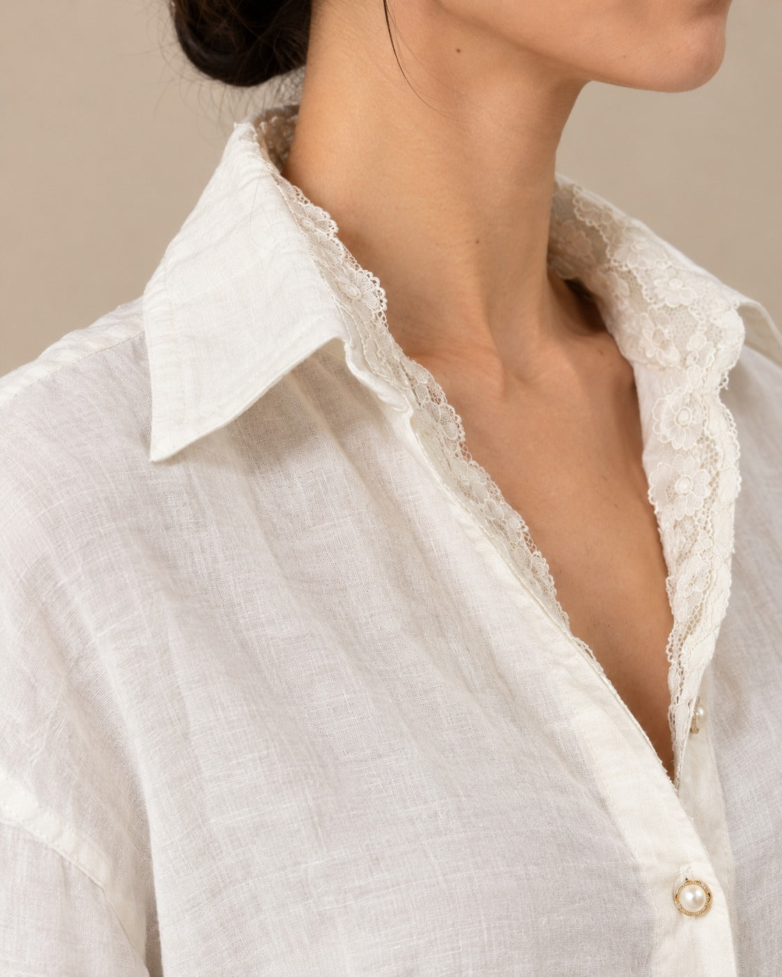 Pearl Button Poplin Shirt, close-up of floral lace collar and pearl buttons