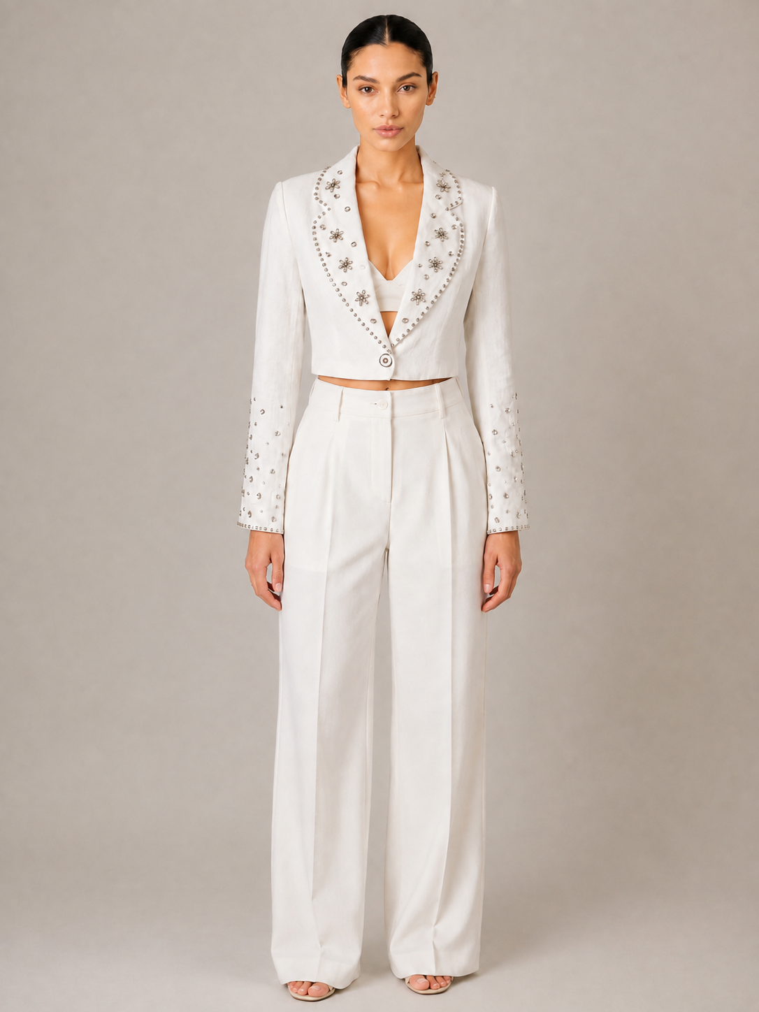 Crystal Bloom Cropped Blazer in ivory, front view