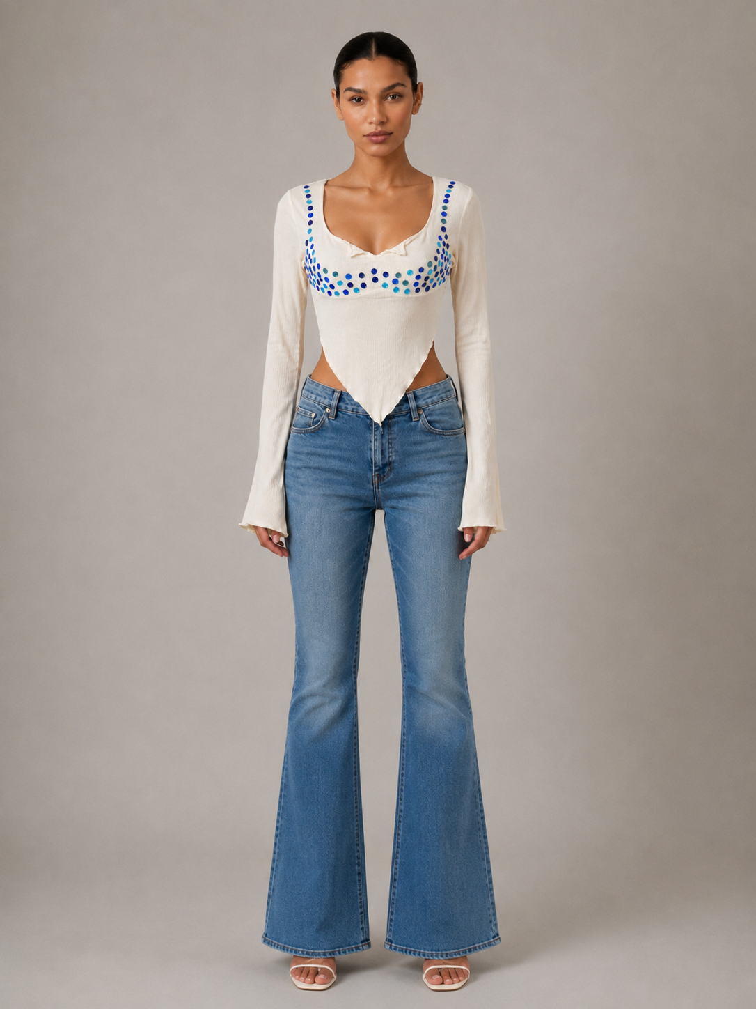Blue Mirror Work Bell-Sleeve Top in cream, front view with flared denim