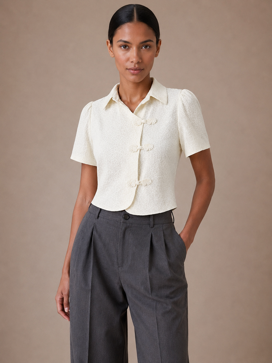 Ivory Knot-Front Crop Blouse