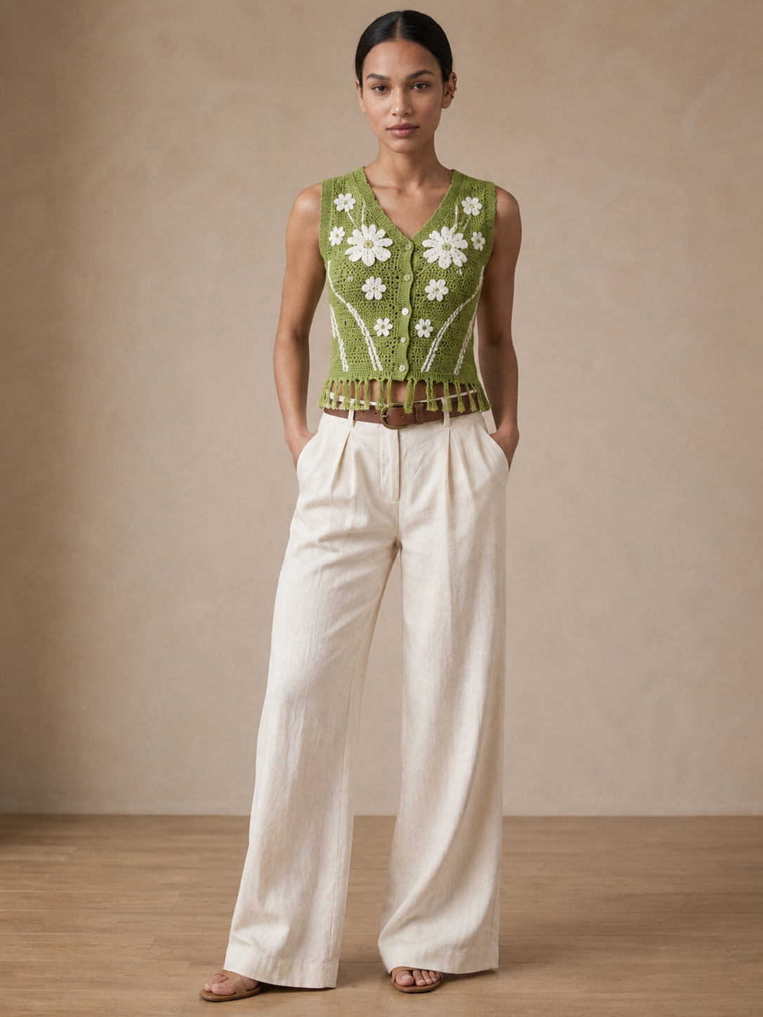 Green Floral Knit Crop Top