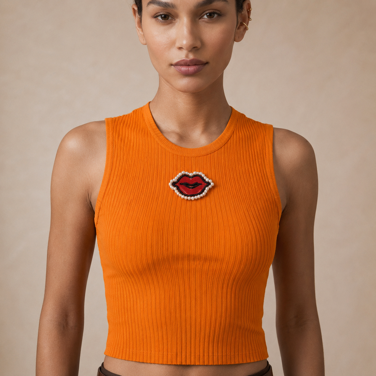 Orange Embroidered Lips Crop Top