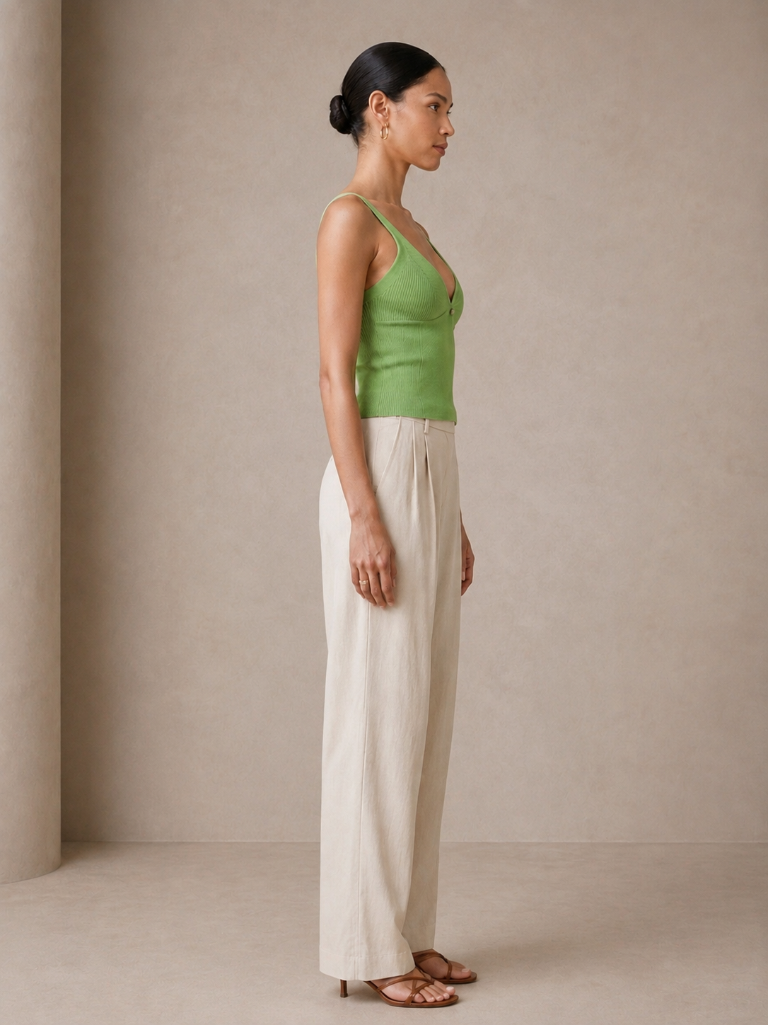 Blossom Button Rib Cami in spring green, side view with linen trousers