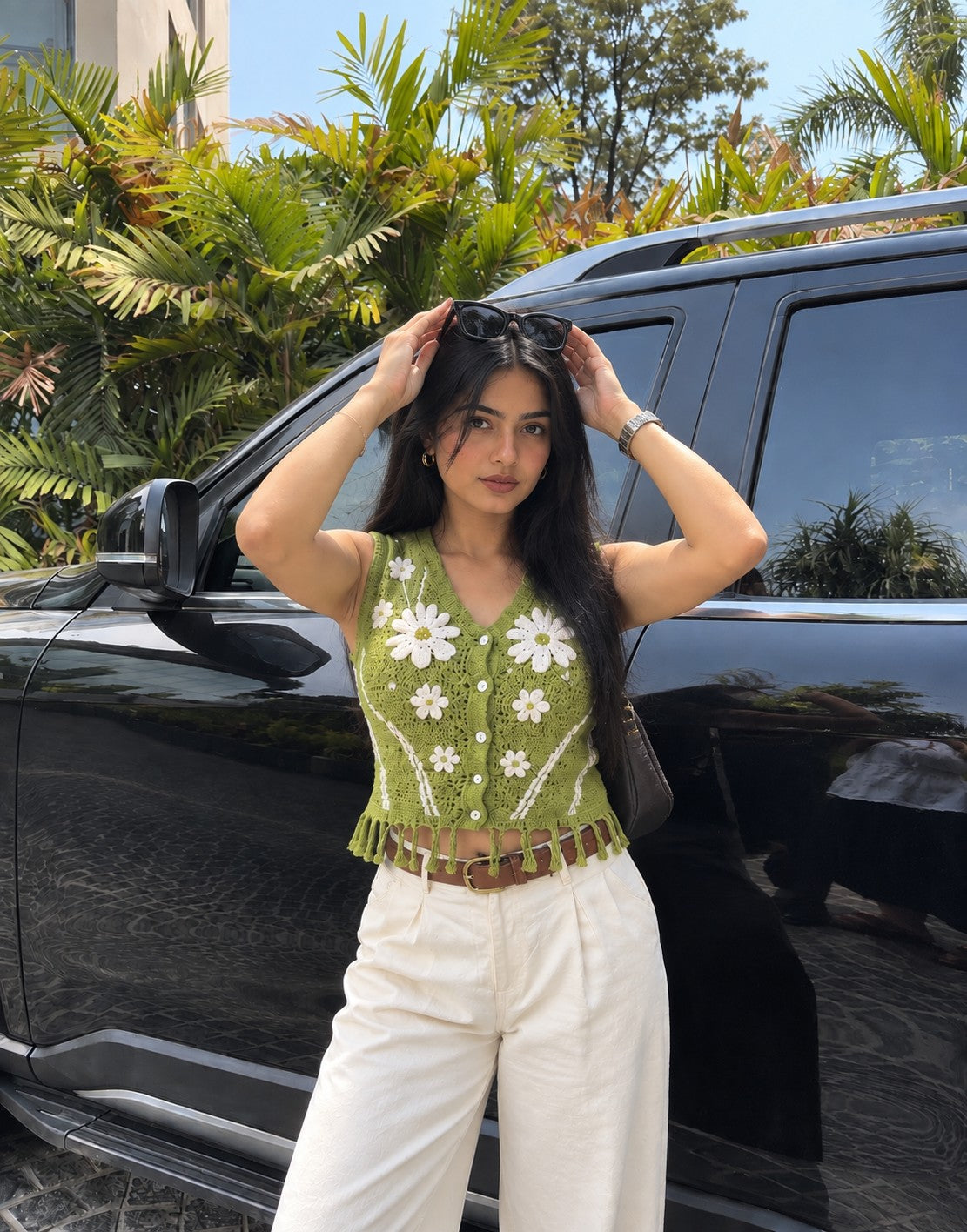 Green Floral Knit Crop Top, styled look