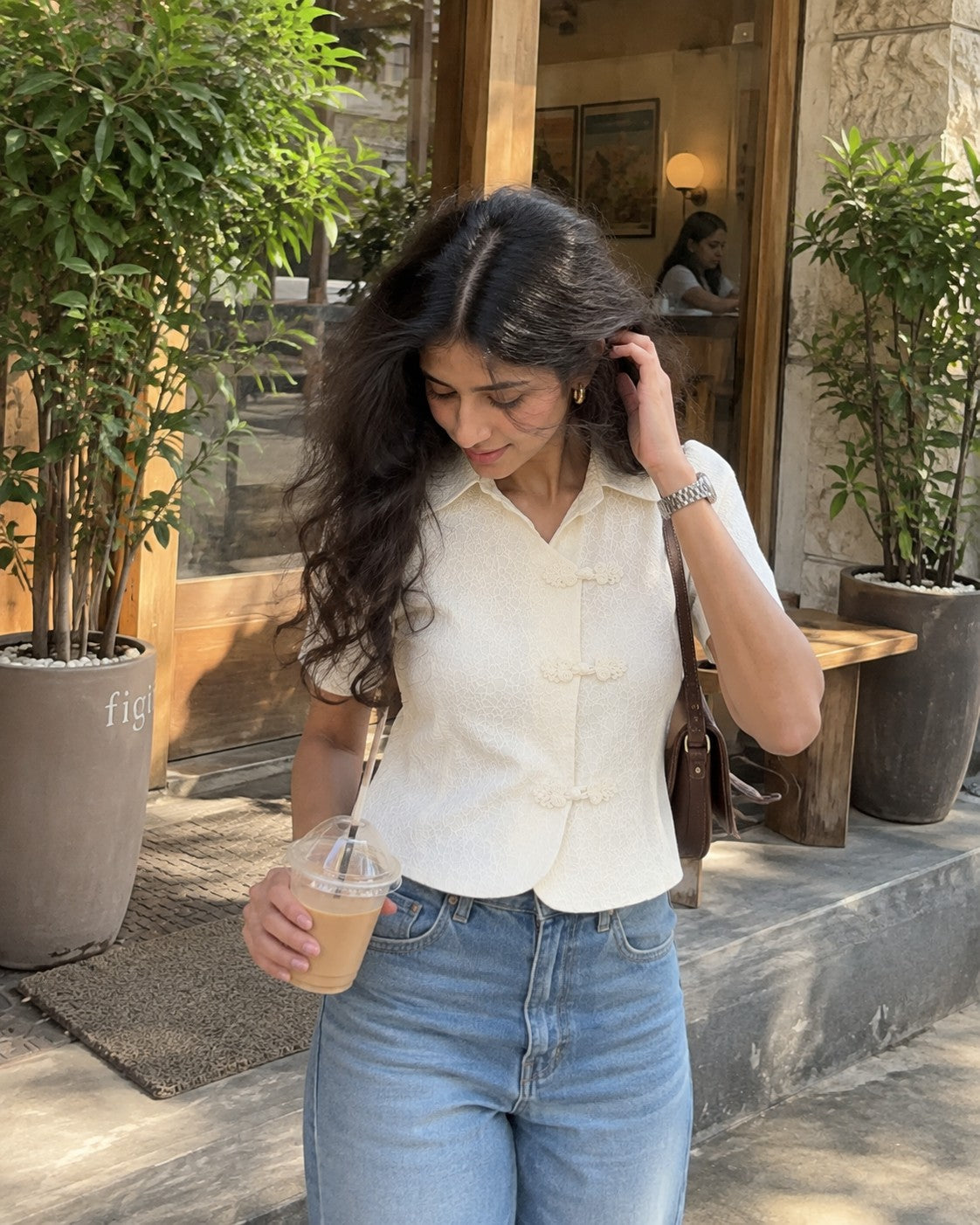 Ivory Knot-Front Crop Blouse, styled look