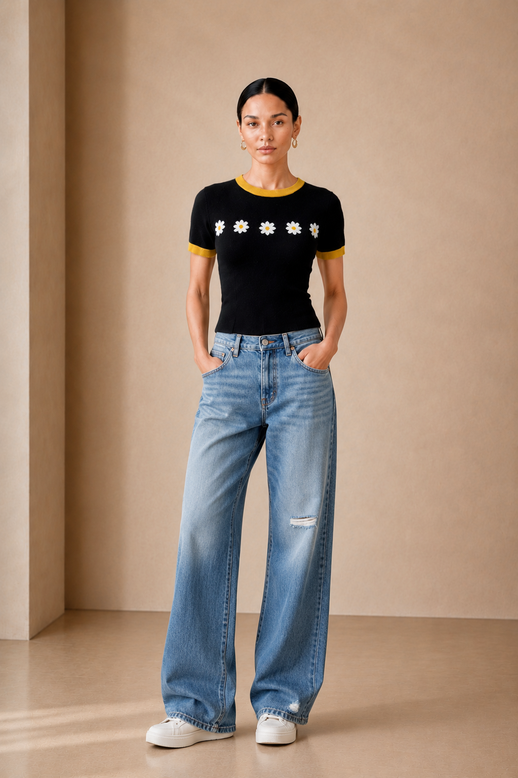Daisy Chain Knit Tee worn front view with wide leg denim