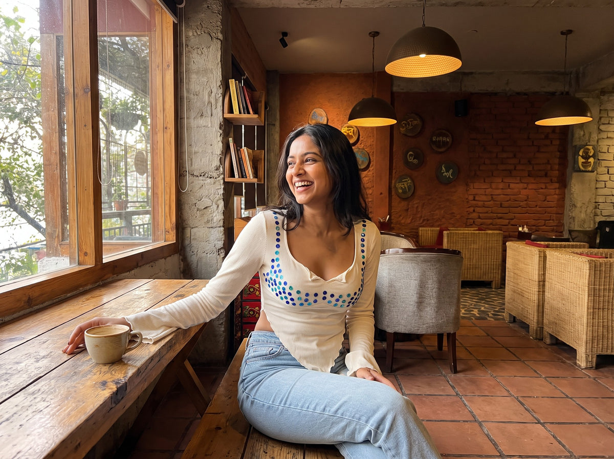 Blue Mirror Work Bell-Sleeve Top, styled look