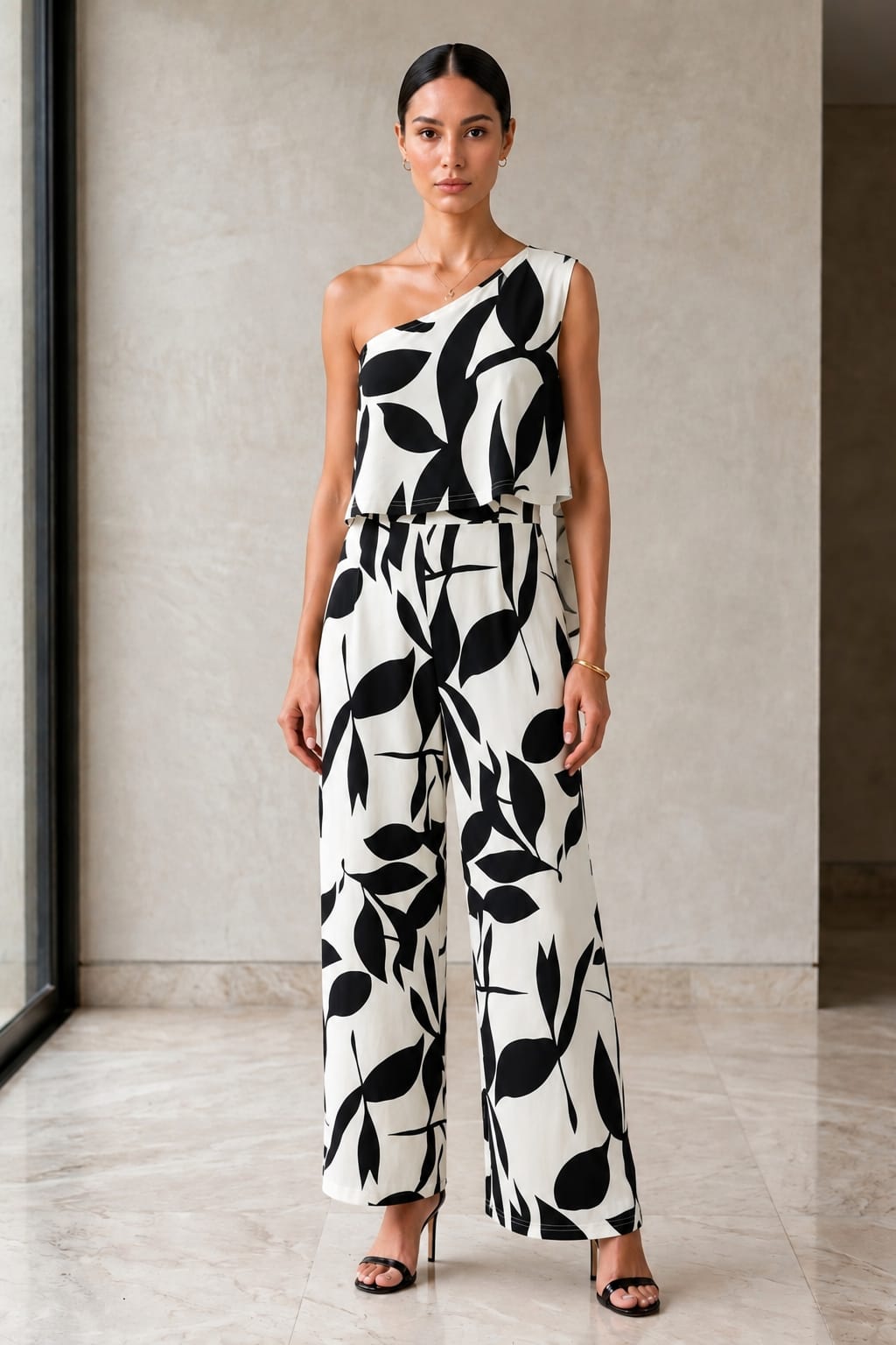 Ink Leaf One-Shoulder Co-ord, front view