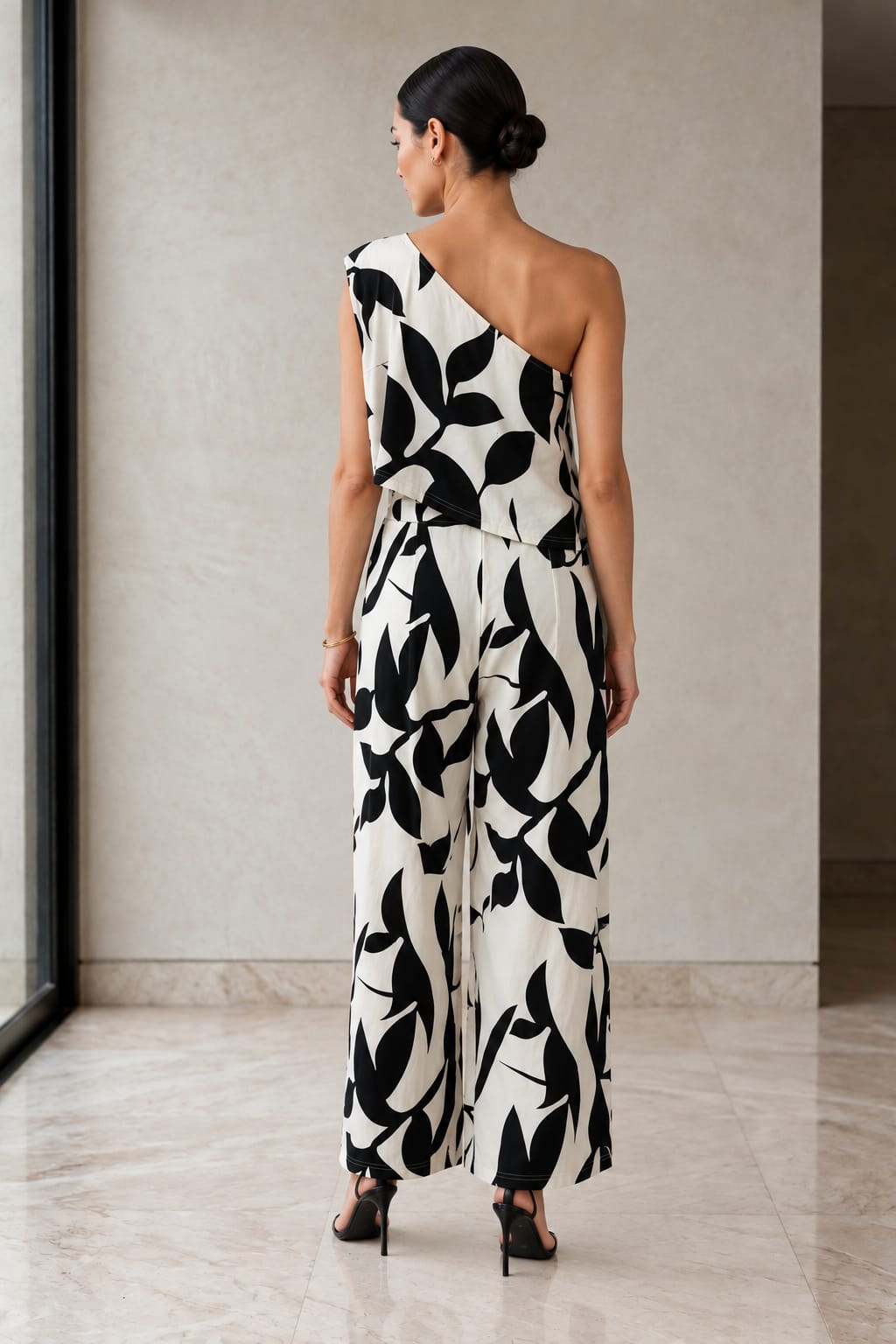 Ink Leaf One-Shoulder Co-ord, back view