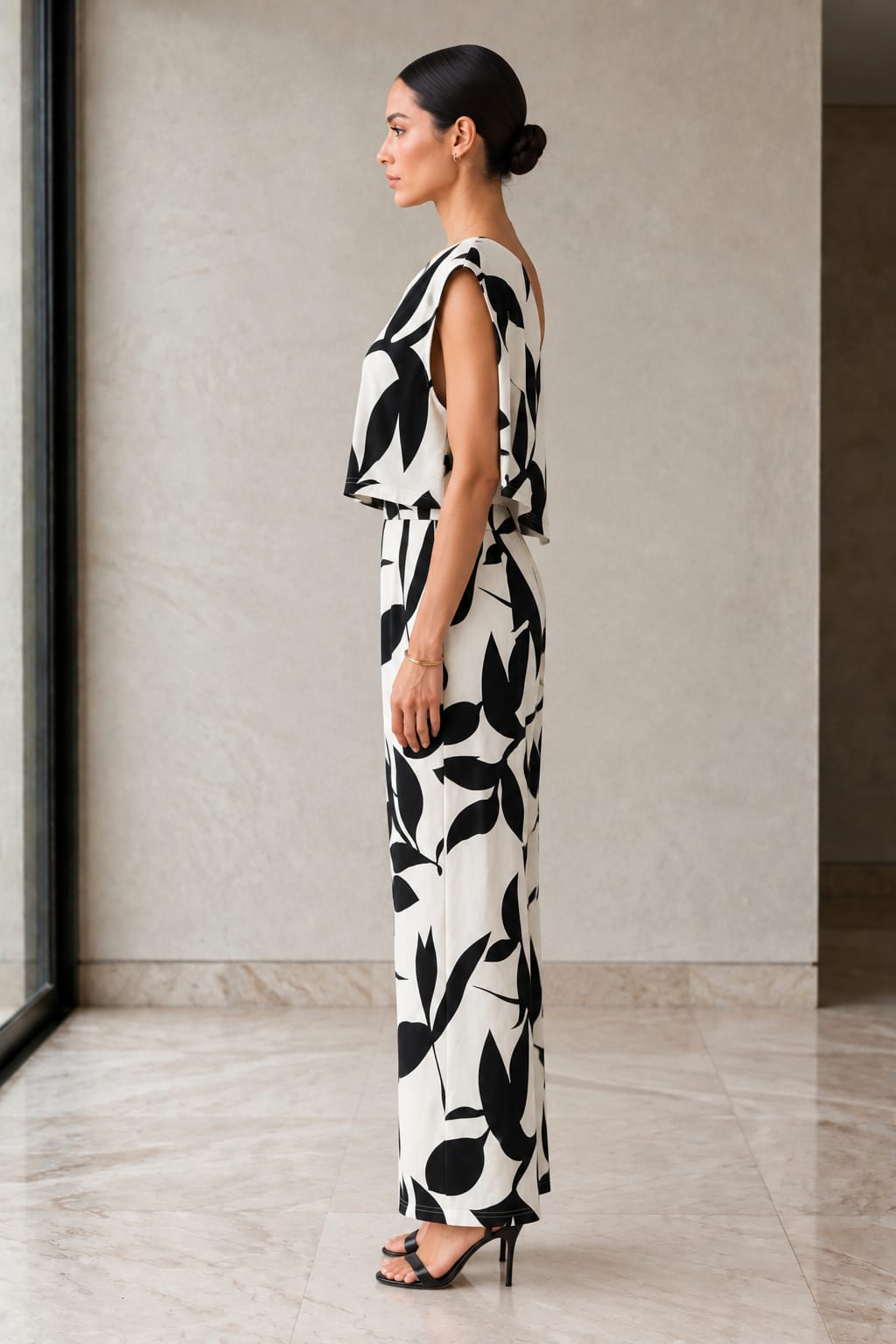 Ink Leaf One-Shoulder Co-ord, side view