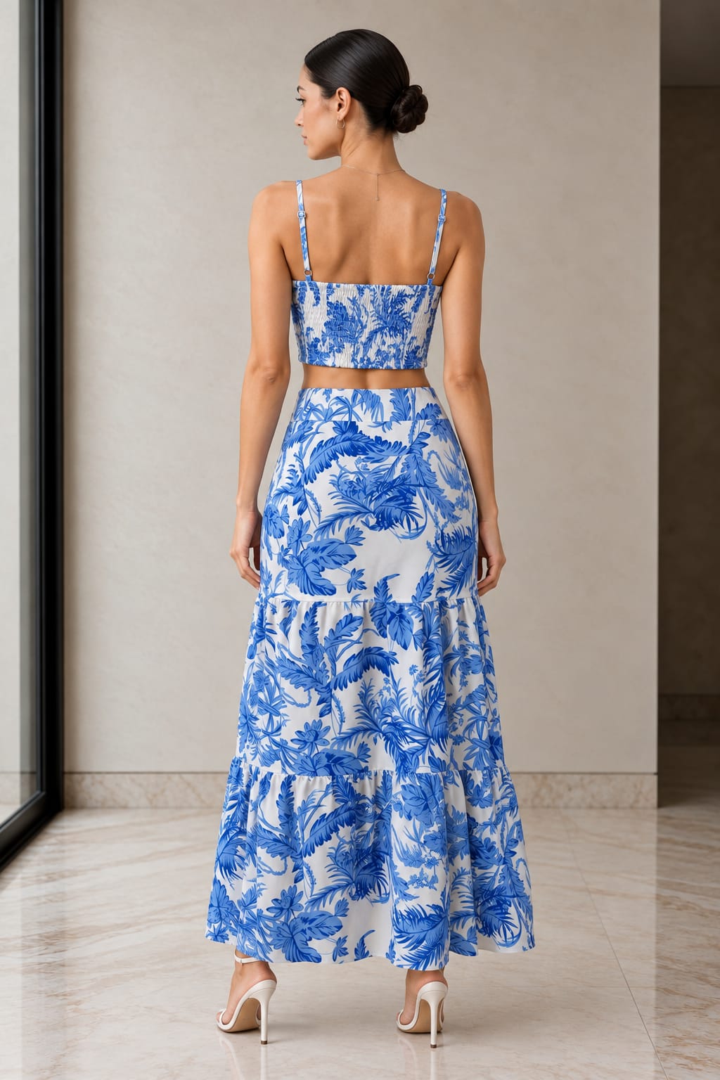 Blue Palm Cami and Tiered Maxi Set, back view