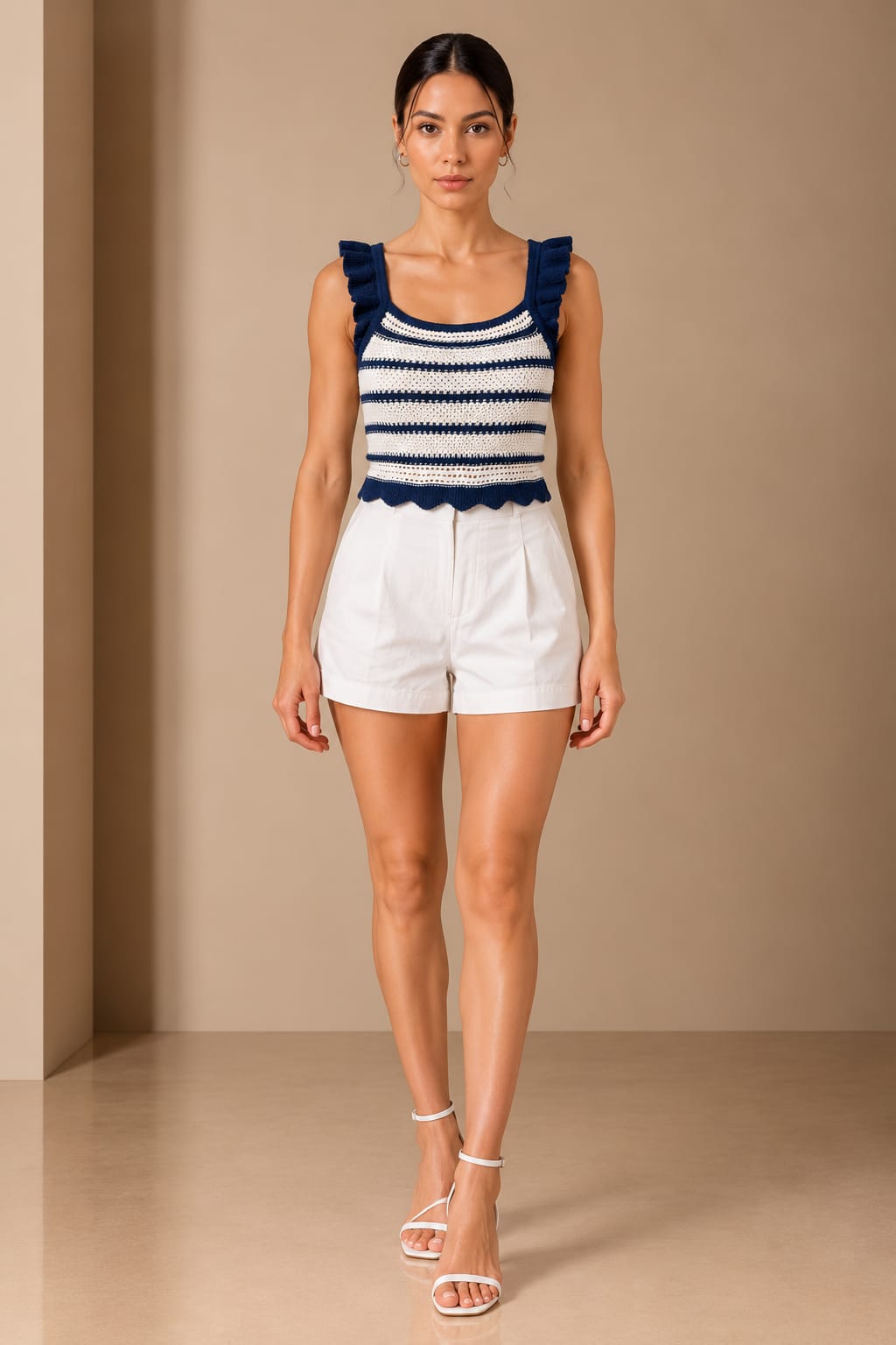 Navy Stripe Crochet Ruffle Top, front view