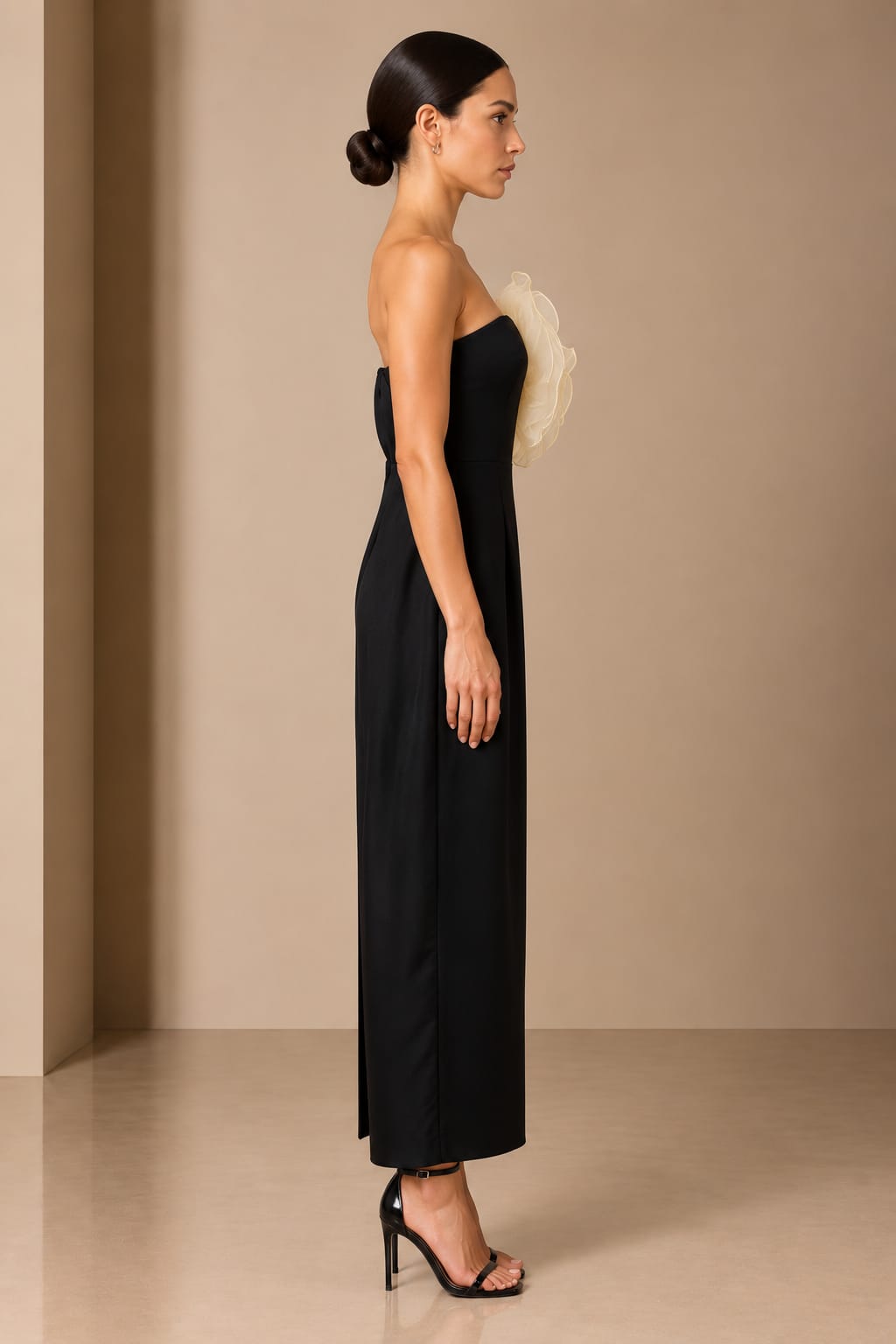 Organza Rose Column Dress, side view showing the front slit