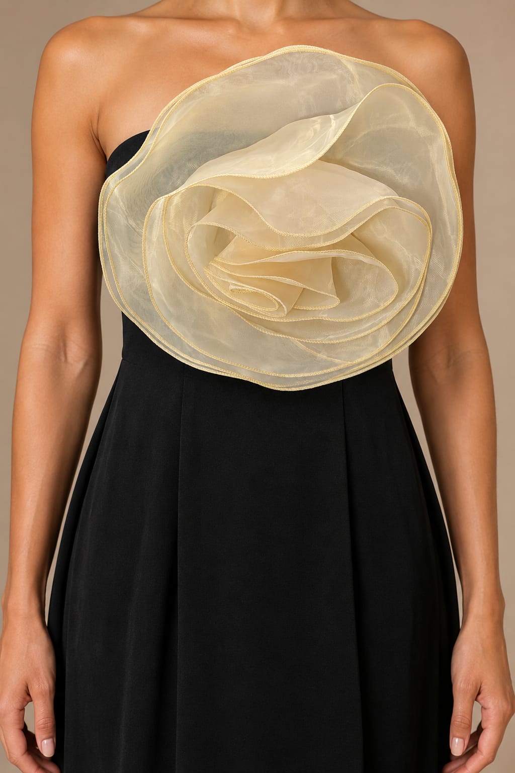 Organza Rose Column Dress, close view of the layered organza rose